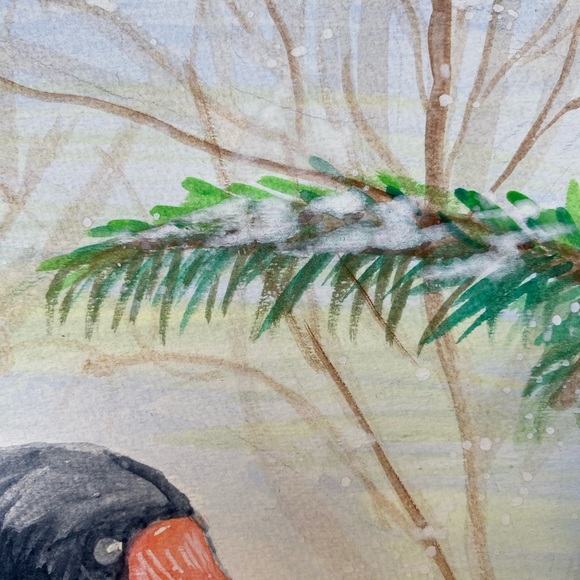 bullfinch panting Trees in winter watercolor 12x9” - Picture 3 of 10